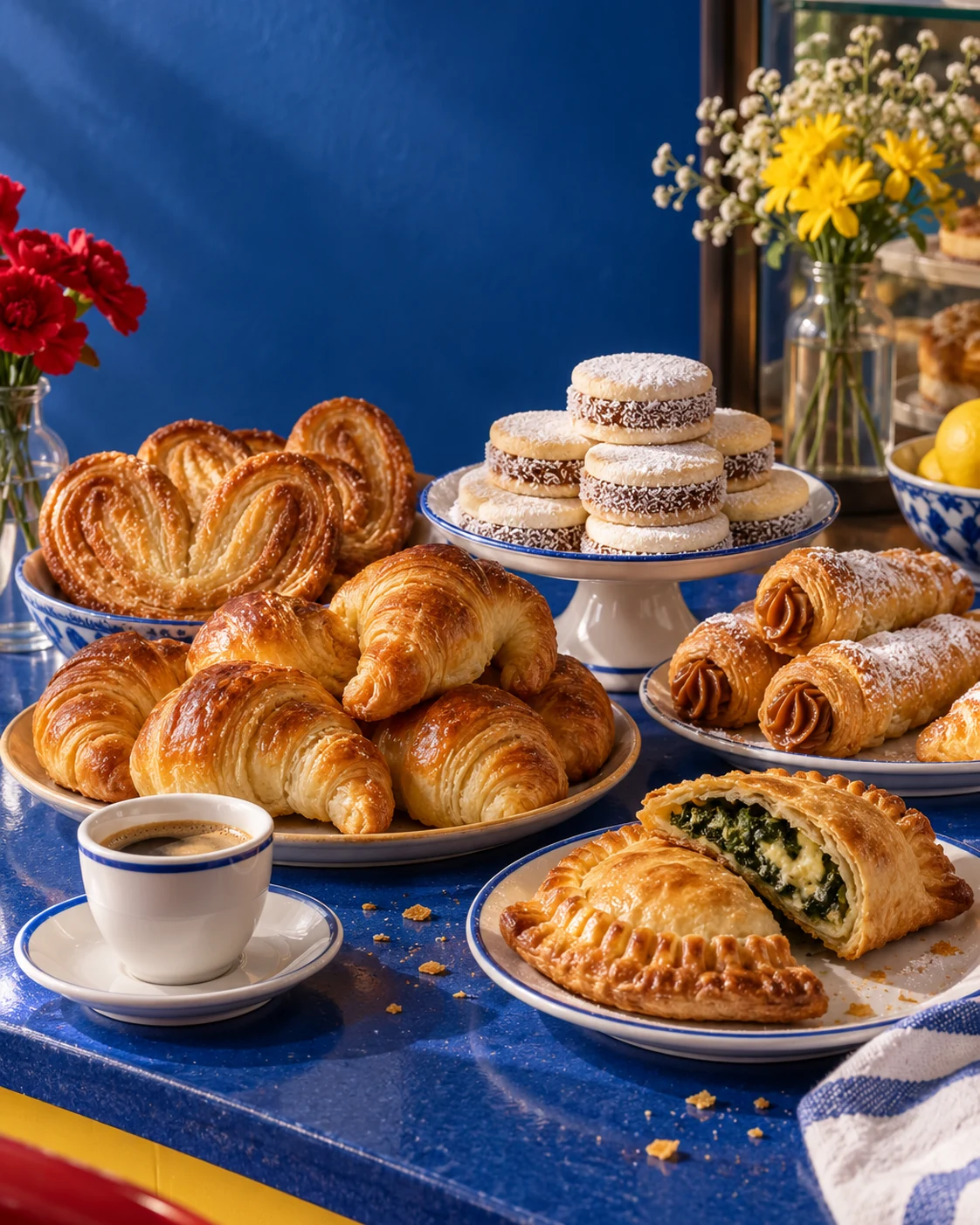 Illustrative La Nueva bakery counter with medialunas, alfajores and savory pastries — original artwork, not exact inventory or premises.